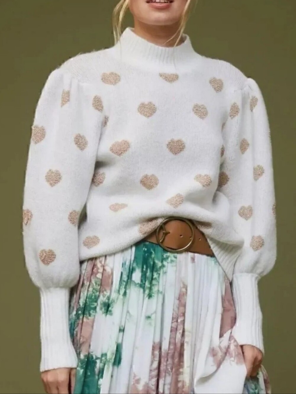 By Anthropologie White & Gold Heart Puff Sleeve Mock Neck Sweater Size S